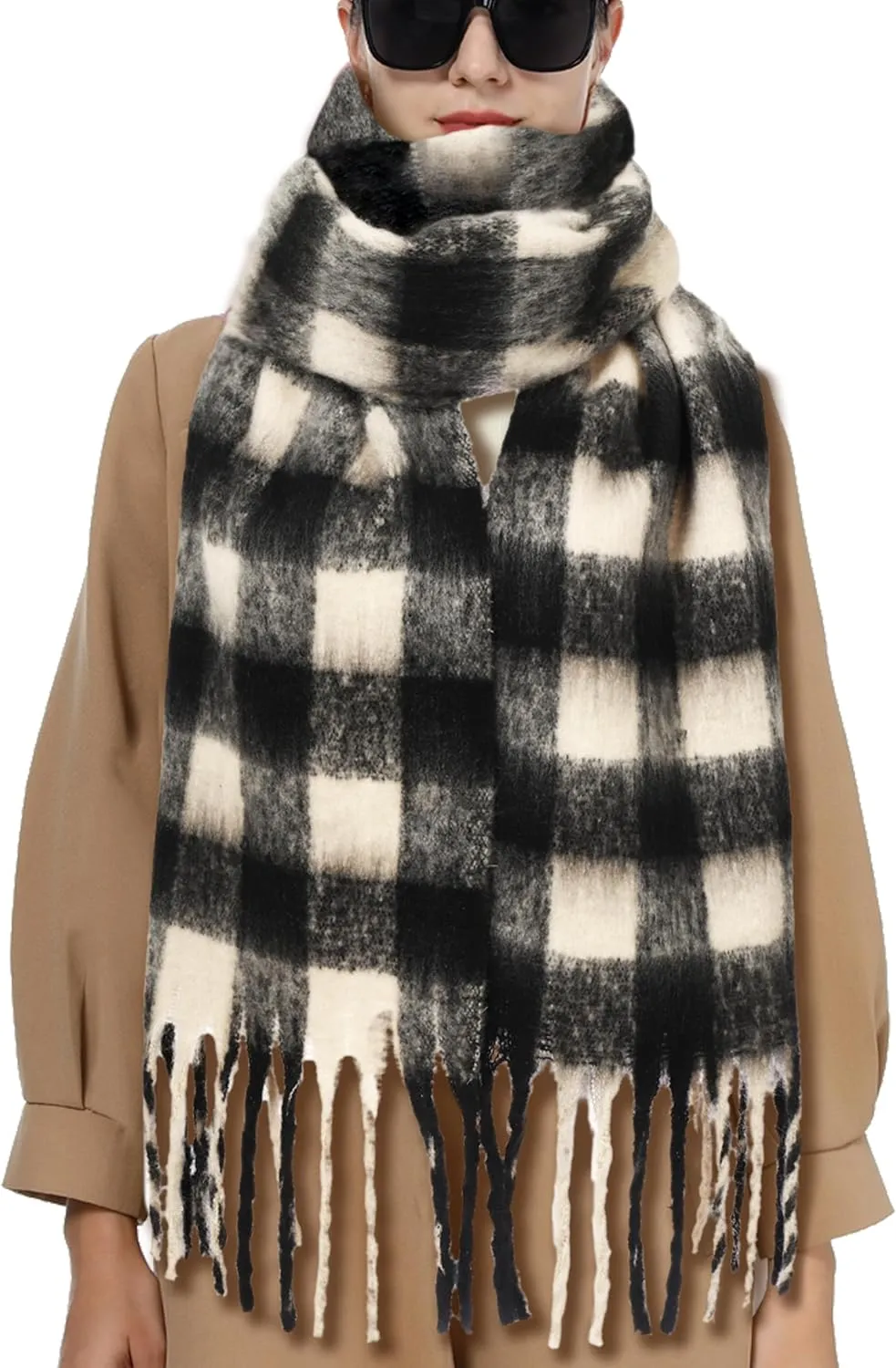 Oversized Blanket Scarf for Women Winter Fall Chunky Plaid Soft Cashmere Feel Thick Scarves with Fringed