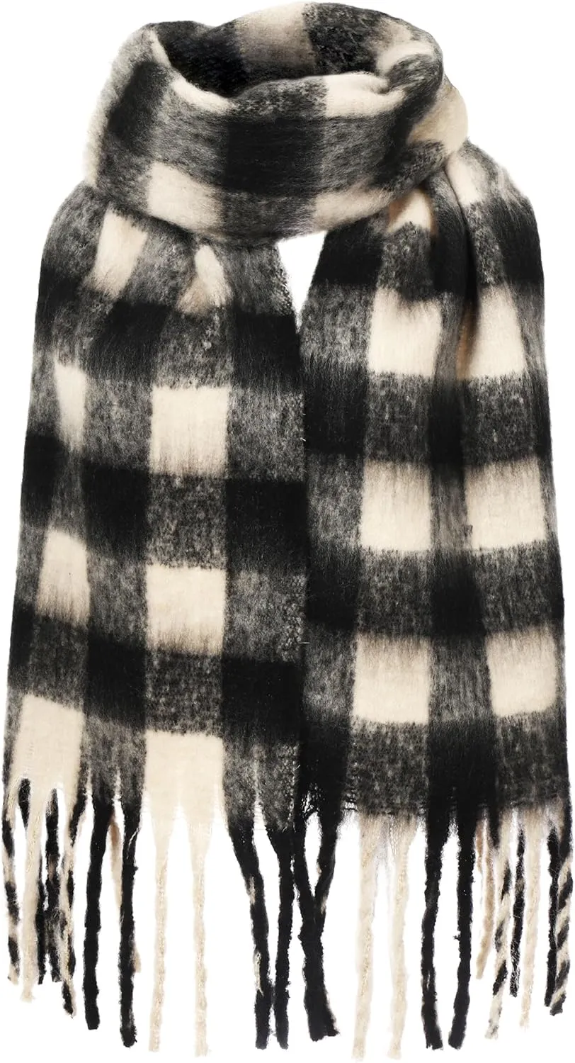 Oversized Blanket Scarf for Women Winter Fall Chunky Plaid Soft Cashmere Feel Thick Scarves with Fringed