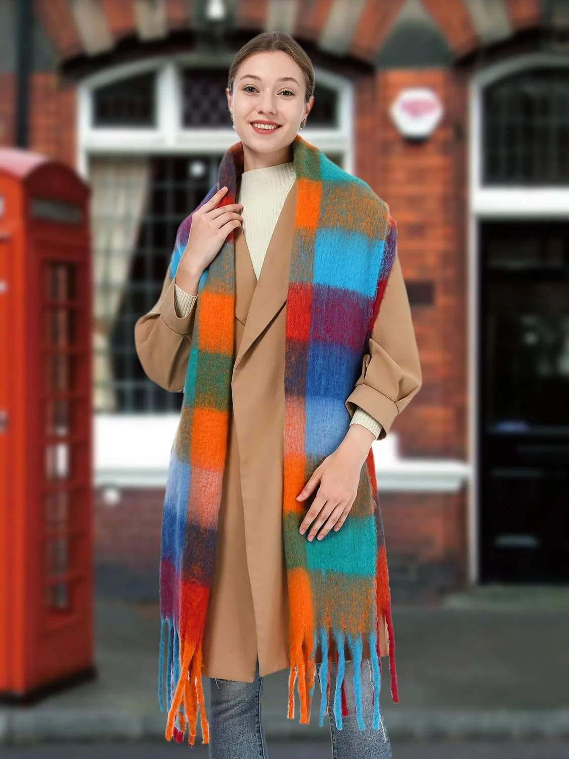 Oversized Blanket Scarf for Women Winter Fall Chunky Plaid Soft Cashmere Feel Thick Scarves with Fringed