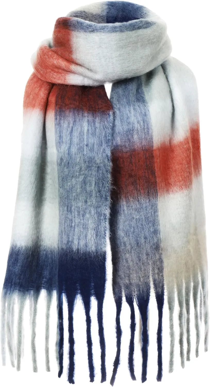Oversized Blanket Scarf for Women Winter Fall Chunky Plaid Soft Cashmere Feel Thick Scarves with Fringed