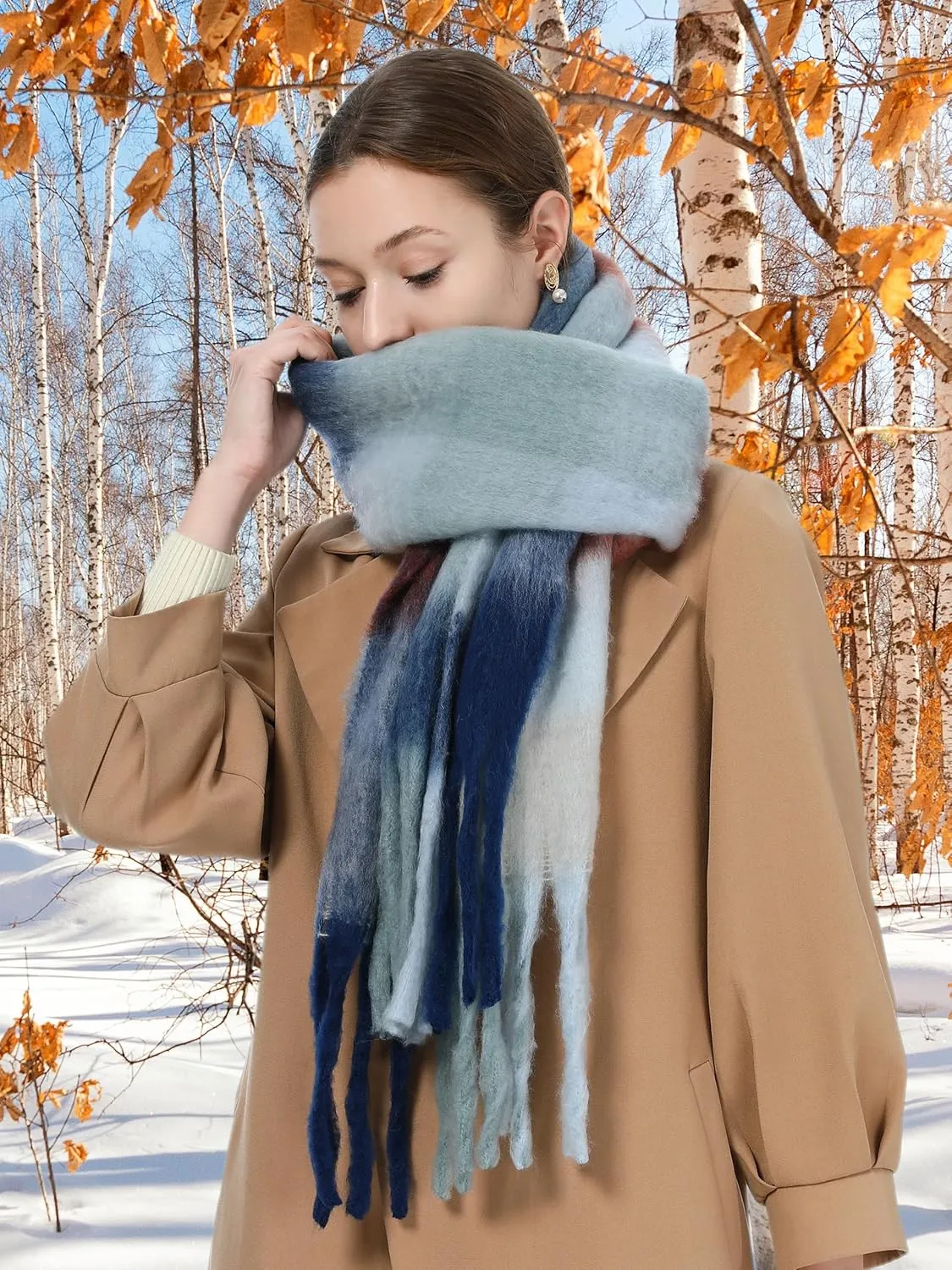 Oversized Blanket Scarf for Women Winter Fall Chunky Plaid Soft Cashmere Feel Thick Scarves with Fringed