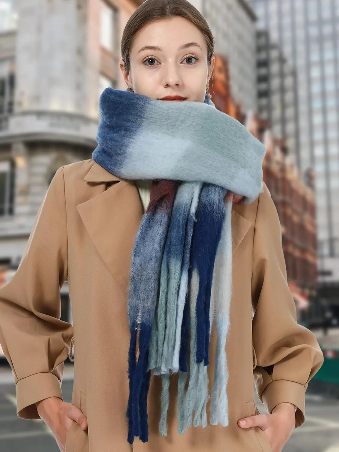 Oversized Blanket Scarf for Women Winter Fall Chunky Plaid Soft Cashmere Feel Thick Scarves with Fringed