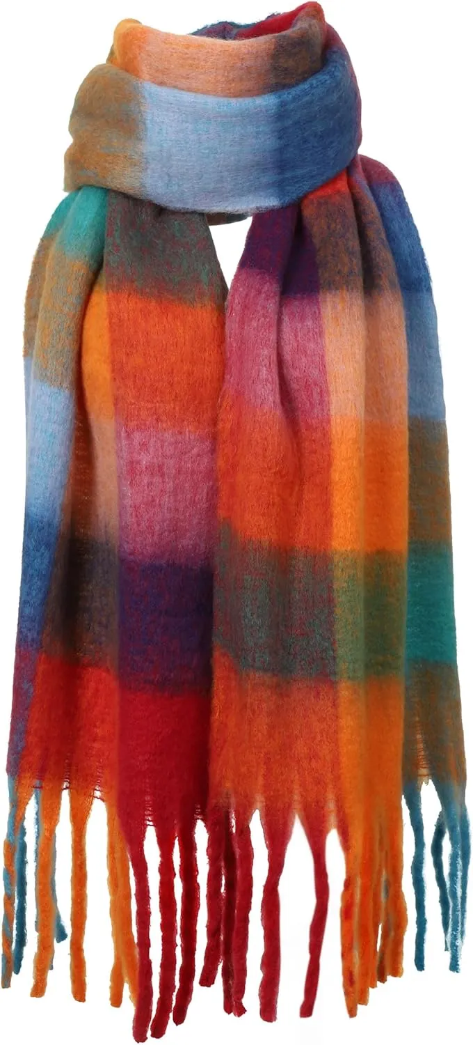 Oversized Blanket Scarf for Women Winter Fall Chunky Plaid Soft Cashmere Feel Thick Scarves with Fringed