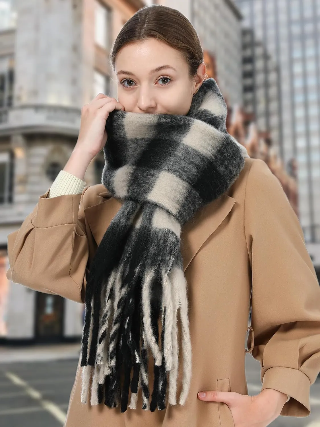 Oversized Blanket Scarf for Women Winter Fall Chunky Plaid Soft Cashmere Feel Thick Scarves with Fringed