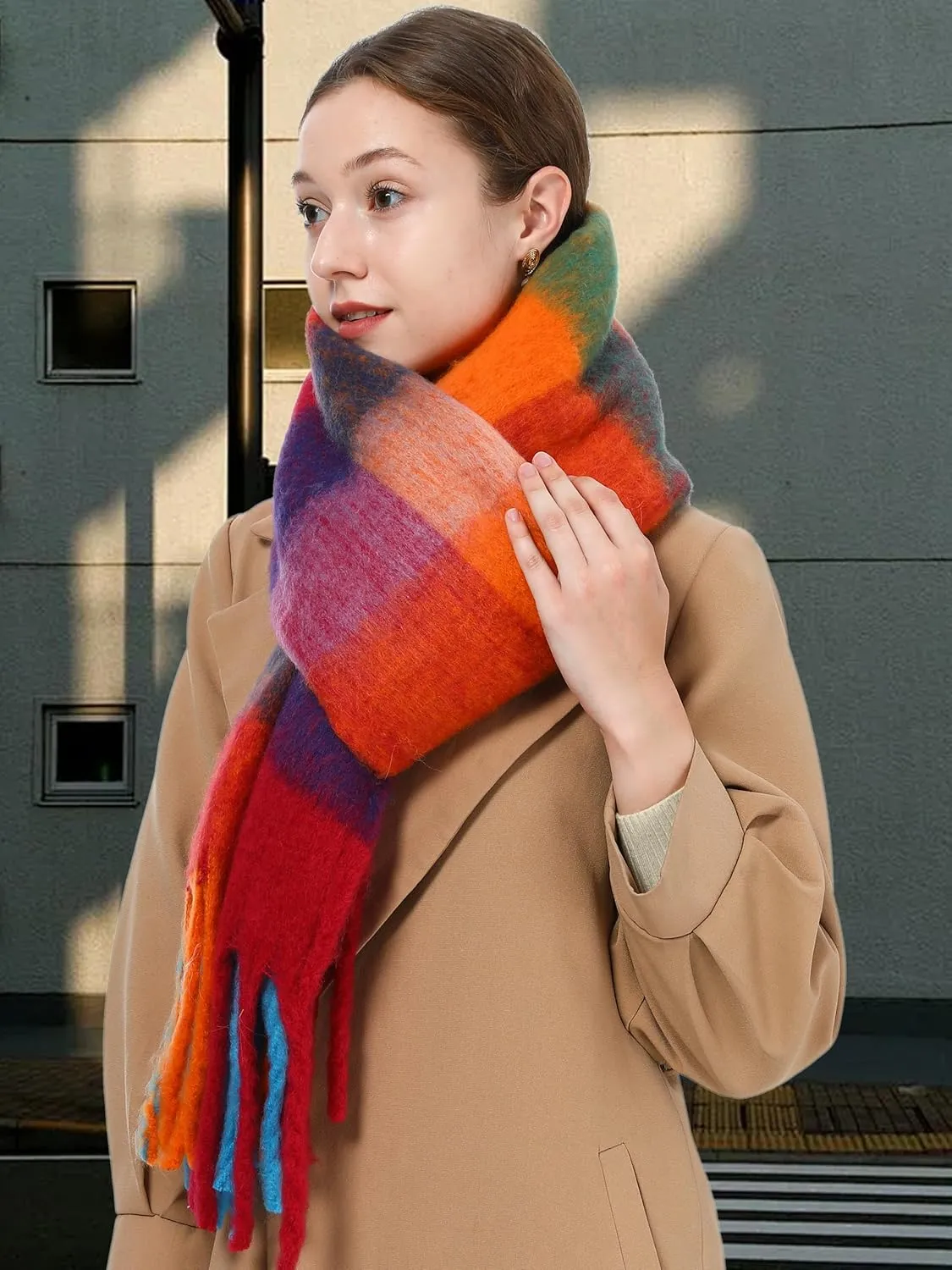 Oversized Blanket Scarf for Women Winter Fall Chunky Plaid Soft Cashmere Feel Thick Scarves with Fringed