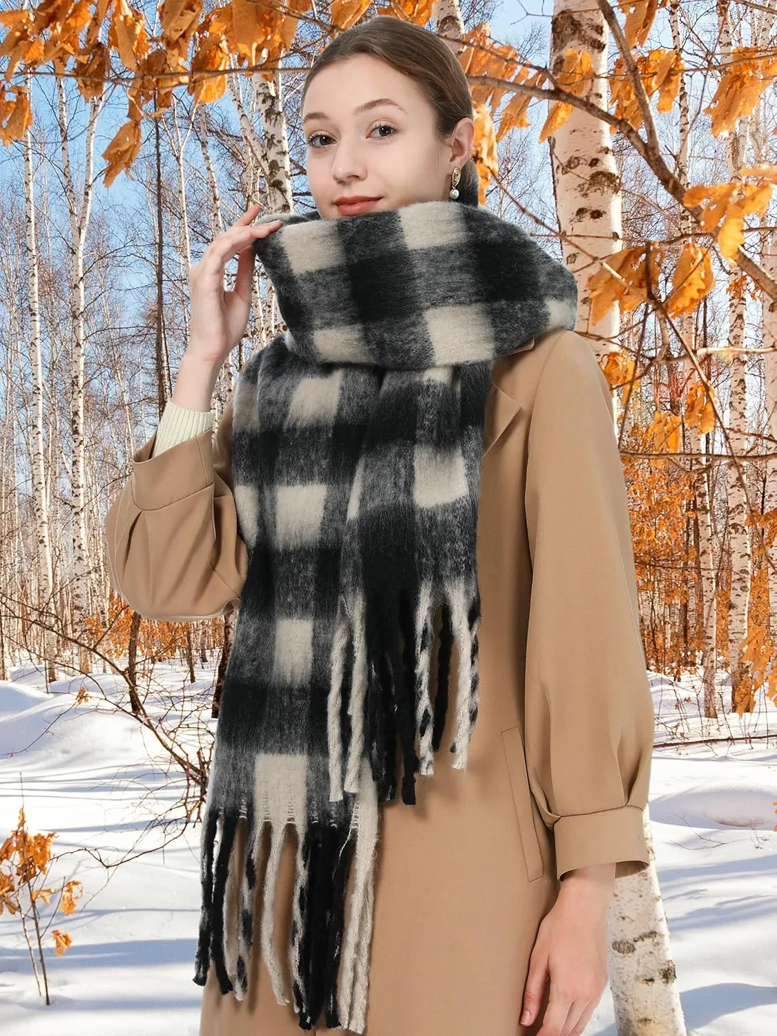 Oversized Blanket Scarf for Women Winter Fall Chunky Plaid Soft Cashmere Feel Thick Scarves with Fringed