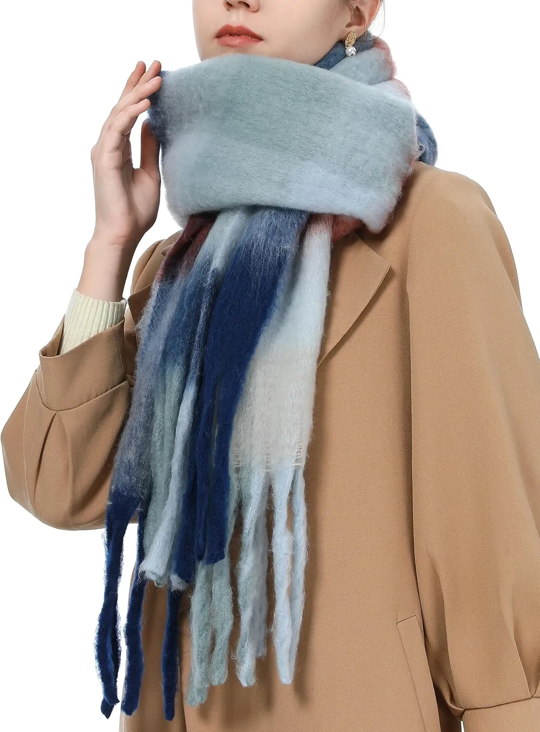 Oversized Blanket Scarf for Women Winter Fall Chunky Plaid Soft Cashmere Feel Thick Scarves with Fringed