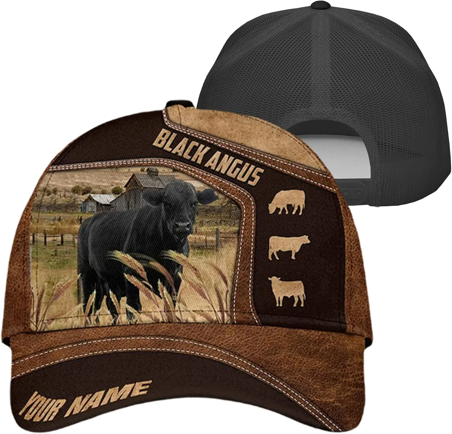 Personalised 3D Animal Cow and Leather Pattern Truckers Hats with Mesh Back Breathable Netback Caps Headwear for Farmer