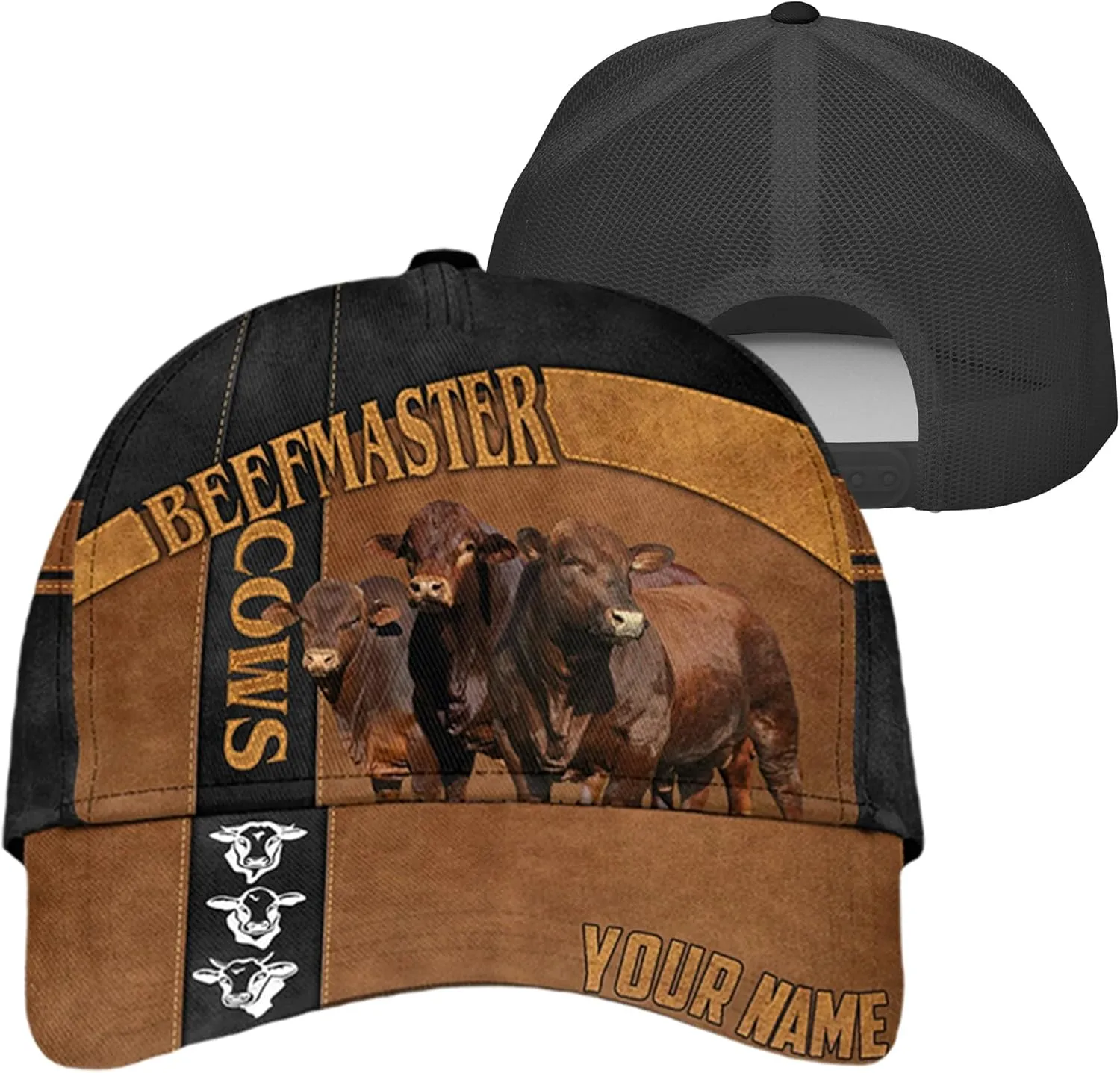 Personalised 3D Animal Cow and Leather Pattern Truckers Hats with Mesh Back Breathable Netback Caps Headwear for Farmer