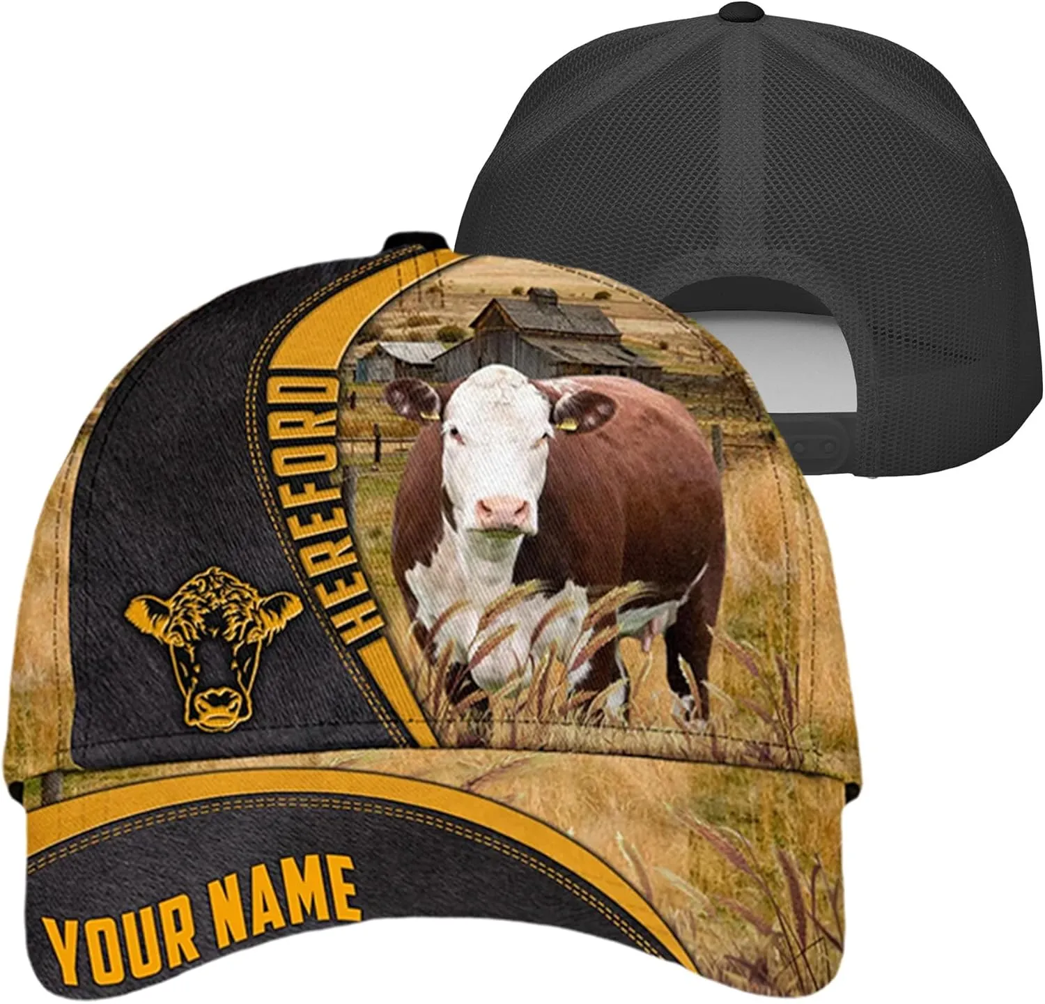 Personalised 3D Animal Cow and Leather Pattern Truckers Hats with Mesh Back Breathable Netback Caps Headwear for Farmer