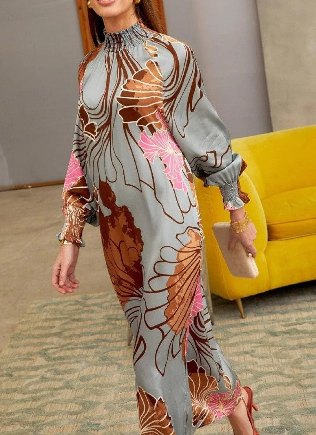 Popular Puff Long Sleeve Round Neck Floral Print Maxi Dress Women's Shift Loose Fit Spring Summer Dresses for Women