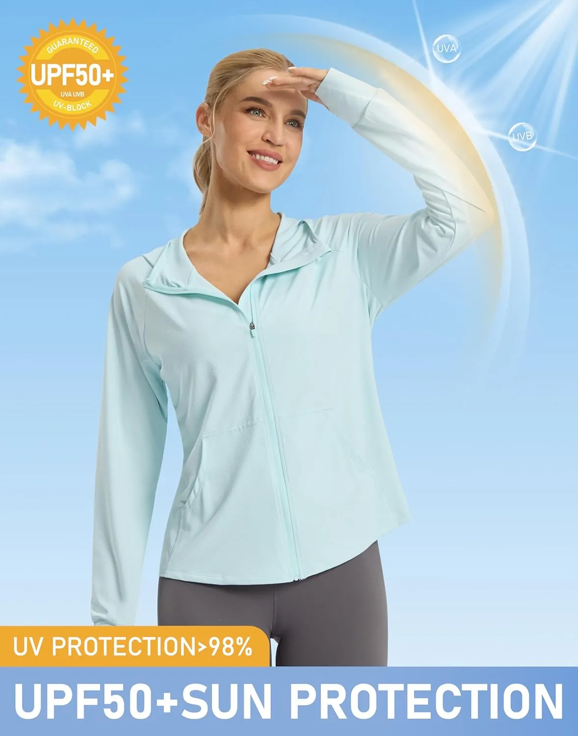 SANTINY Women's UPF 50  UV Jacket Sun Protection Zip up Hoodie Lightweight Summer SPF Long Sleeve Shirts for Hiking Running