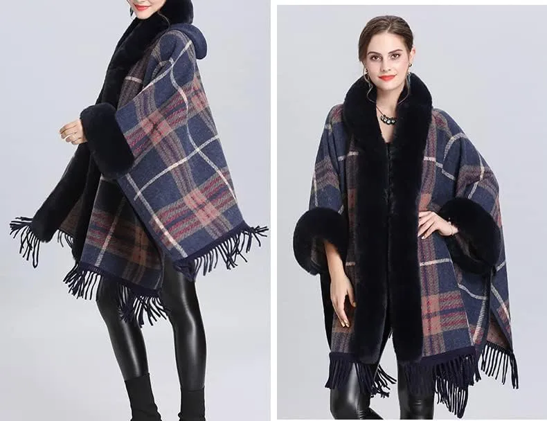 Snoly Women's Wool Blend Hooded Vintage Plaid Tassel Cape Poncho Button Oversized Cardigan