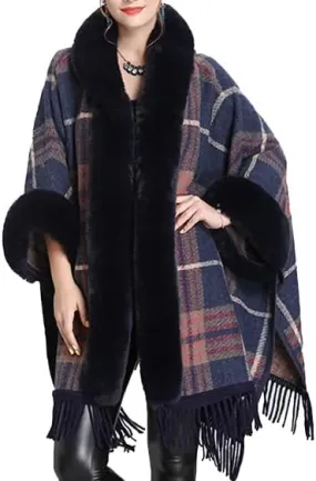 Snoly Women's Wool Blend Hooded Vintage Plaid Tassel Cape Poncho Button Oversized Cardigan