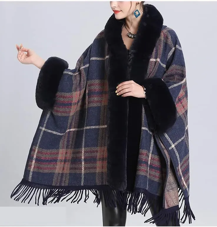 Snoly Women's Wool Blend Hooded Vintage Plaid Tassel Cape Poncho Button Oversized Cardigan