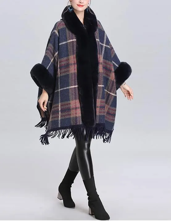 Snoly Women's Wool Blend Hooded Vintage Plaid Tassel Cape Poncho Button Oversized Cardigan