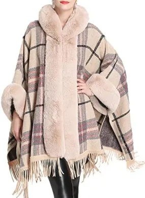 Snoly Women's Wool Blend Hooded Vintage Plaid Tassel Cape Poncho Button Oversized Cardigan