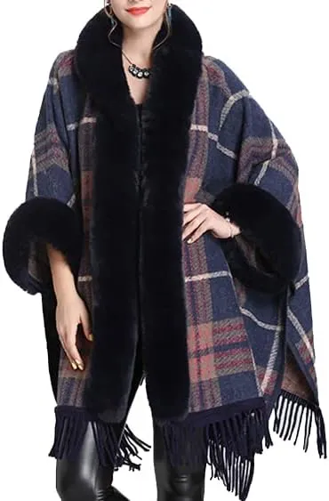 Snoly Women's Wool Blend Hooded Vintage Plaid Tassel Cape Poncho Button Oversized Cardigan