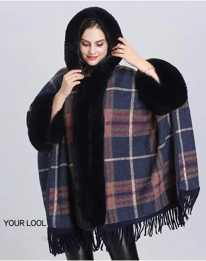 Snoly Women's Wool Blend Hooded Vintage Plaid Tassel Cape Poncho Button Oversized Cardigan