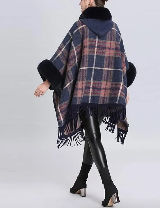 Snoly Women's Wool Blend Hooded Vintage Plaid Tassel Cape Poncho Button Oversized Cardigan