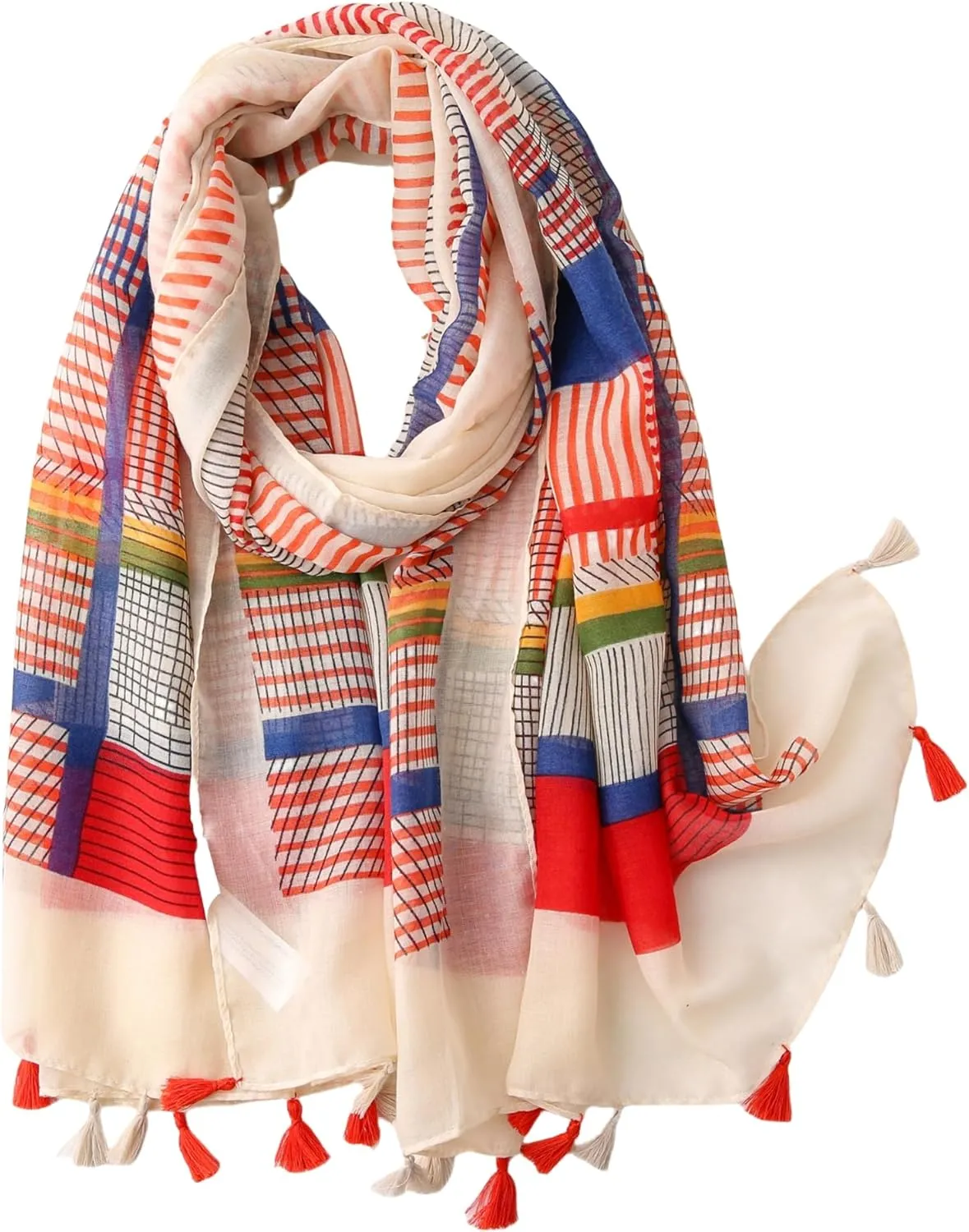 Travel Boho Scarf for Women Casual Lightweight Pashmina Scarves Fashion Multicolor Shawl Wraps with Fringed Beads