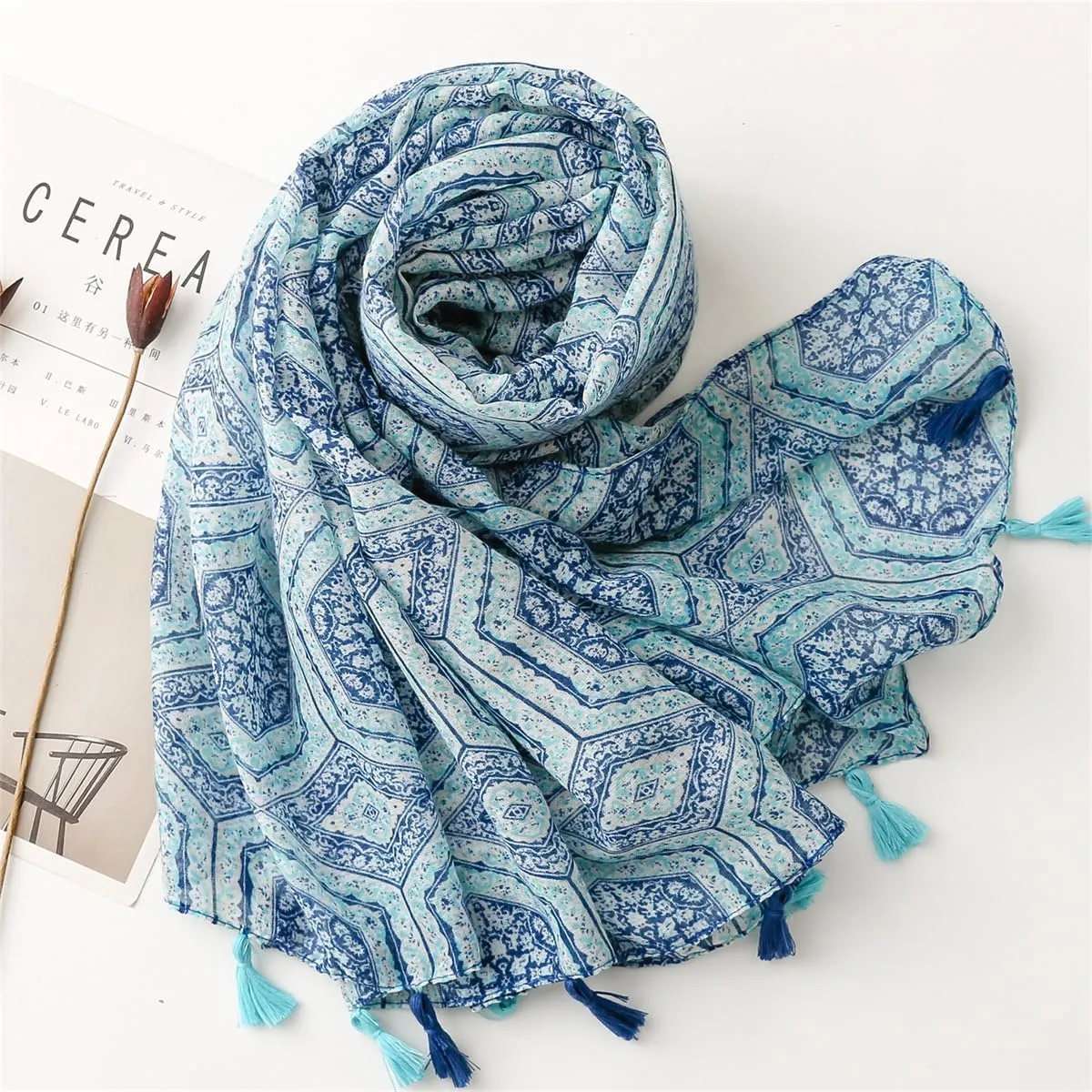 Travel Boho Scarf for Women Casual Lightweight Pashmina Scarves Fashion Multicolor Shawl Wraps with Fringed Beads
