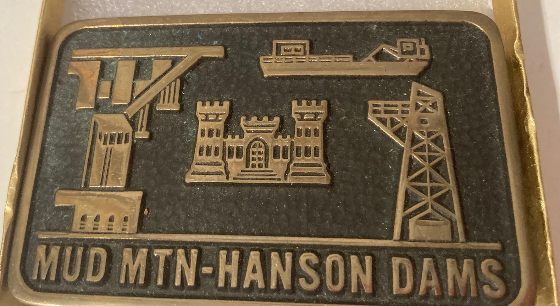 Vintage 1984 Metal Belt Buckle, Brass, Mud Mountain Hanson Dams, Heavy Duty, Quality, Thick Metal, Made in USA, 3 1/2" x 2 1/4", For Belts