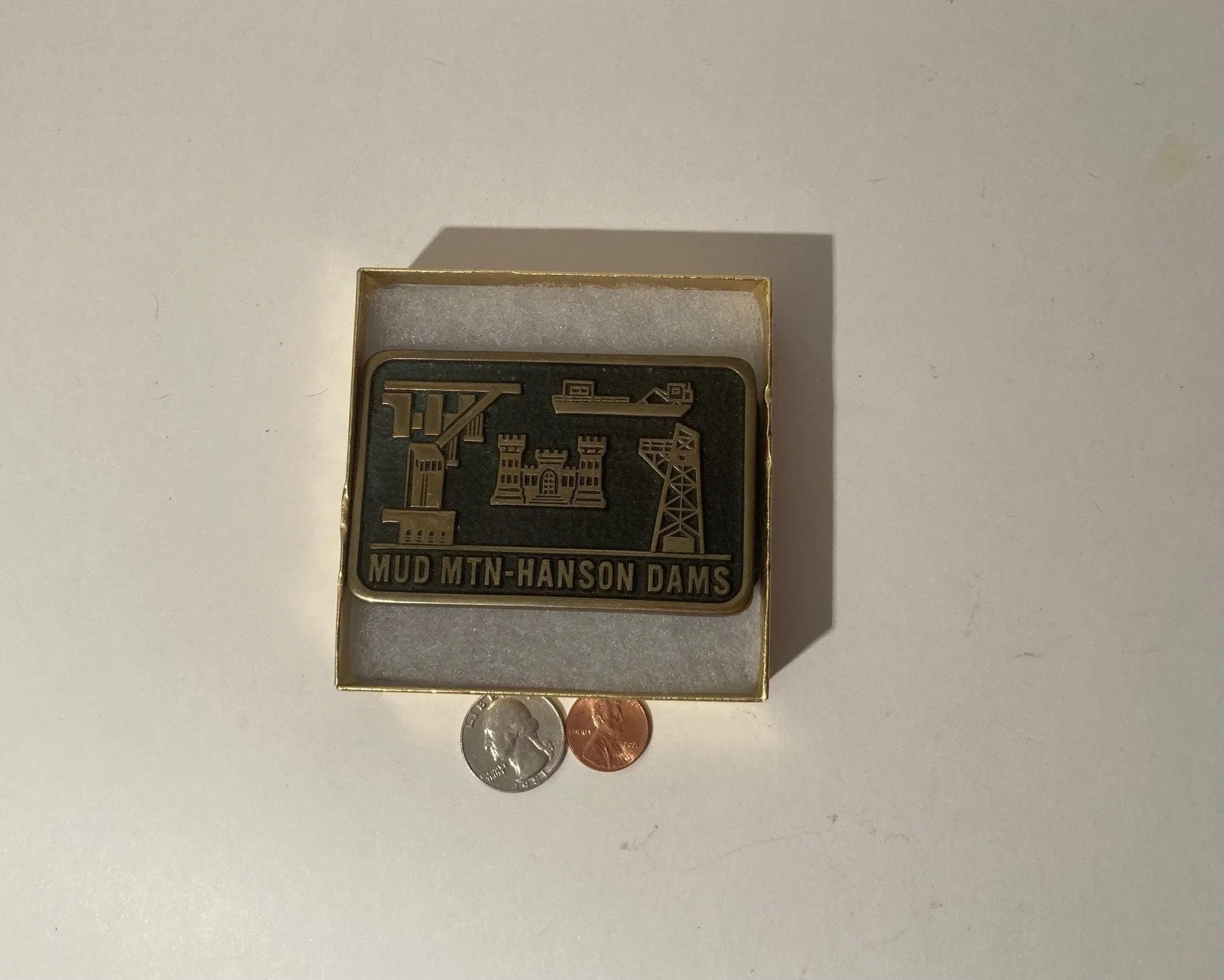 Vintage 1984 Metal Belt Buckle, Brass, Mud Mountain Hanson Dams, Heavy Duty, Quality, Thick Metal, Made in USA, 3 1/2" x 2 1/4", For Belts