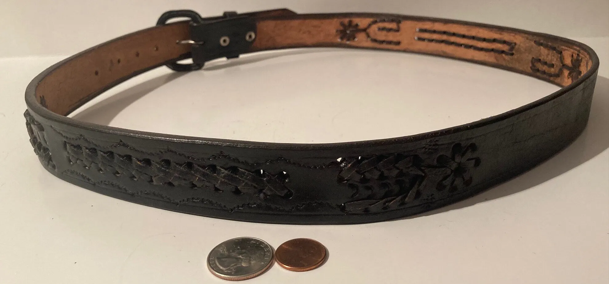 Vintage Leather Belt and Buckle, Hand Tooled, Black, Belts, Quality, Size 37 to 42, Country and Western, Western Wear, Heavy Duty, Nice