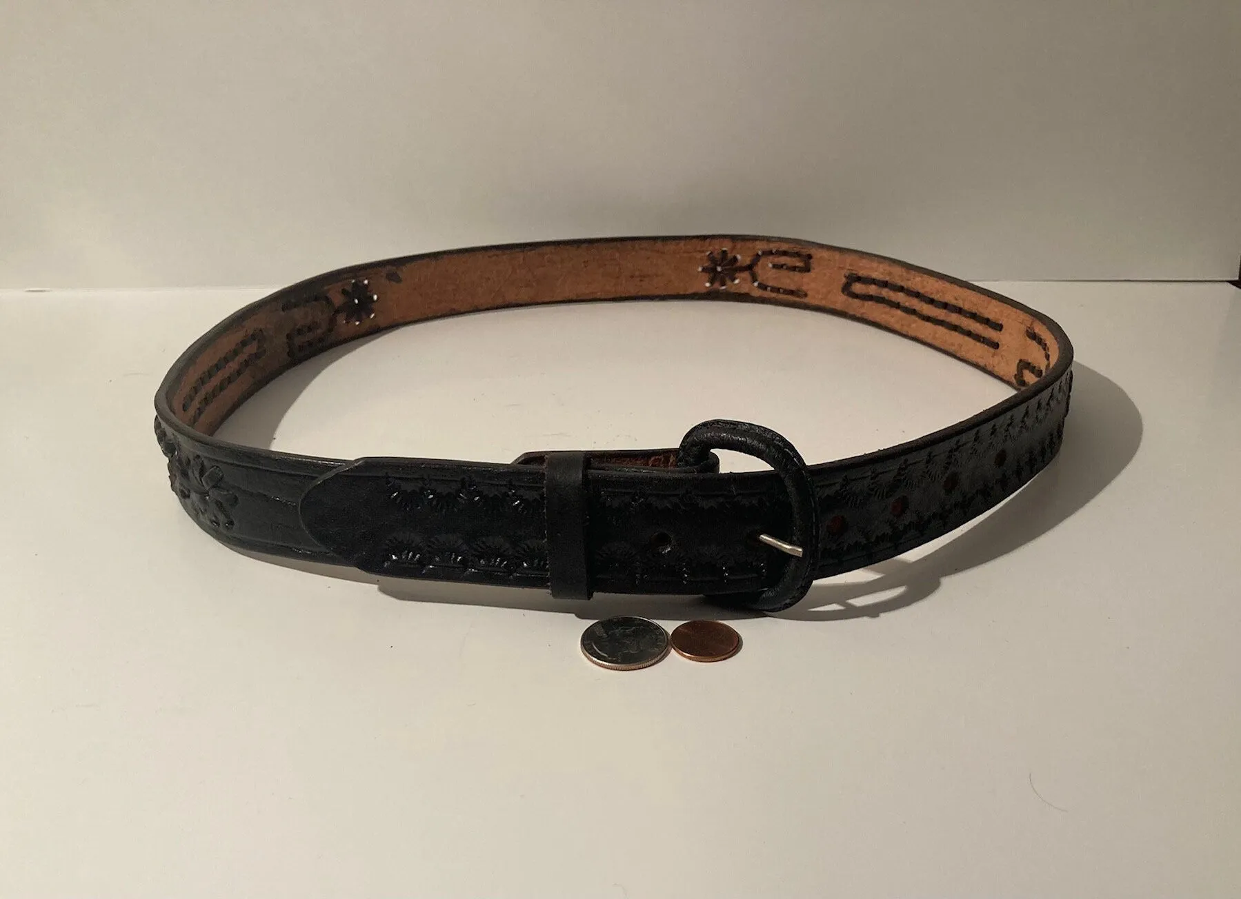 Vintage Leather Belt and Buckle, Hand Tooled, Black, Belts, Quality, Size 37 to 42, Country and Western, Western Wear, Heavy Duty, Nice