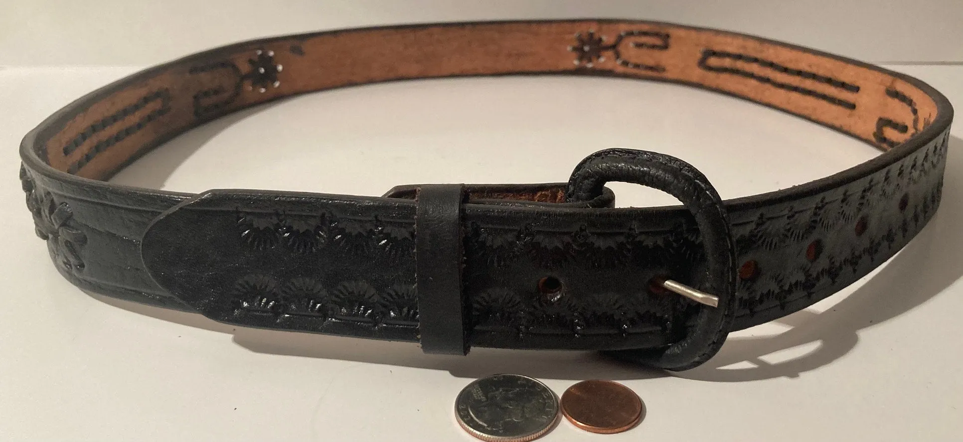 Vintage Leather Belt and Buckle, Hand Tooled, Black, Belts, Quality, Size 37 to 42, Country and Western, Western Wear, Heavy Duty, Nice