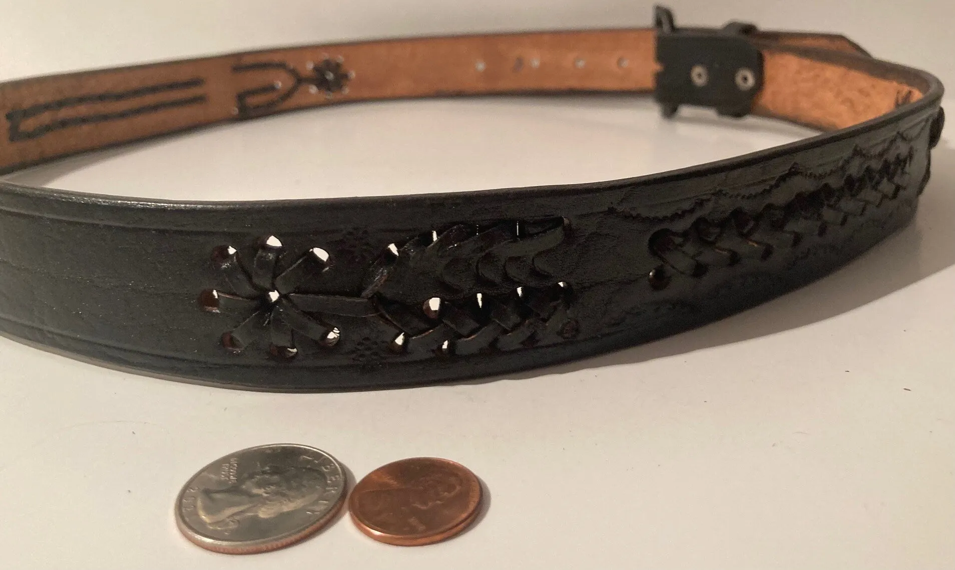 Vintage Leather Belt and Buckle, Hand Tooled, Black, Belts, Quality, Size 37 to 42, Country and Western, Western Wear, Heavy Duty, Nice