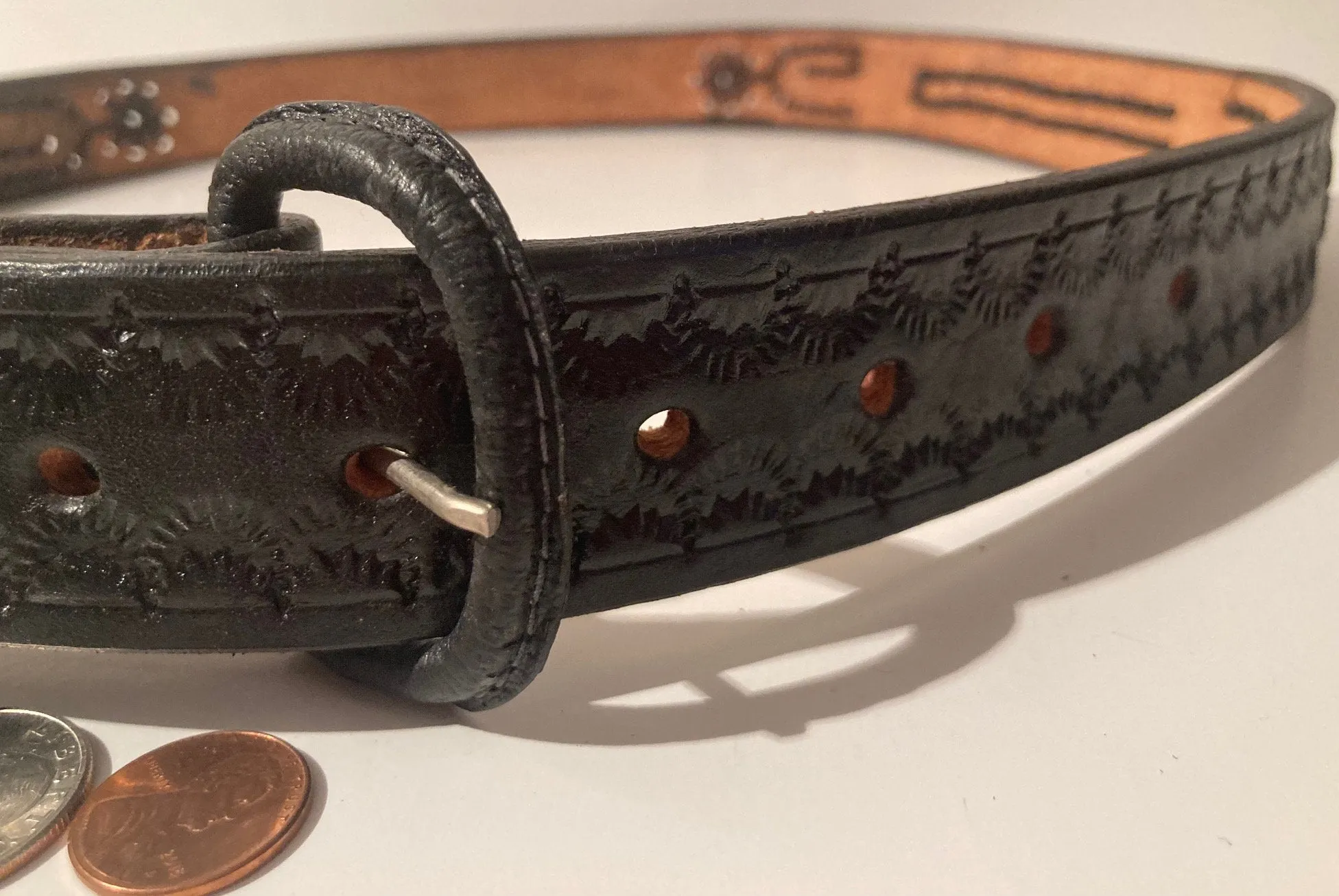 Vintage Leather Belt and Buckle, Hand Tooled, Black, Belts, Quality, Size 37 to 42, Country and Western, Western Wear, Heavy Duty, Nice