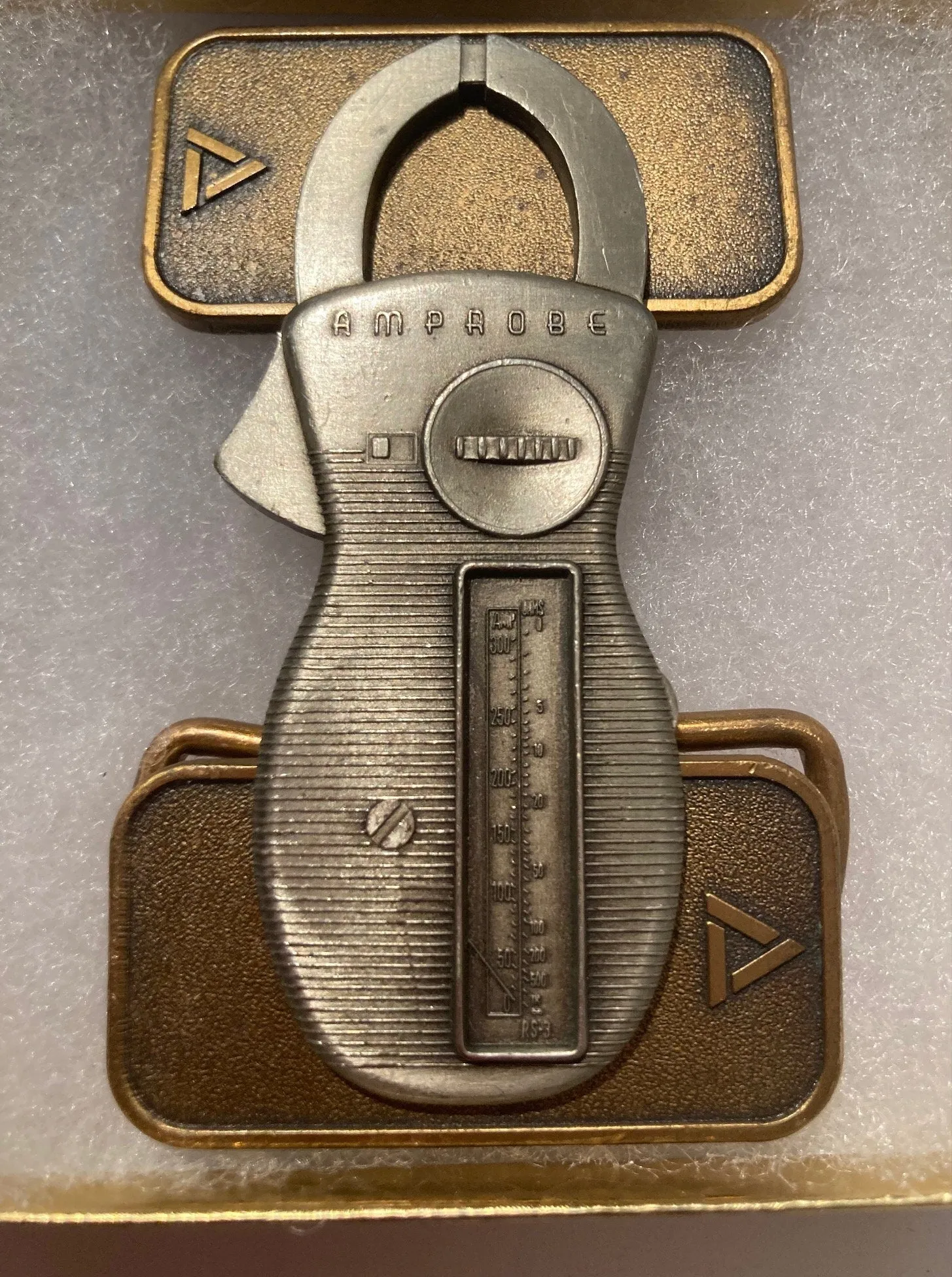 Vintage Metal Belt Buckle, Amprobe, Clamp, Nice Design, 2" x 3 1/4", Heavy Duty, Quality, Thick Metal, Made in USA, For Belts, Fashion