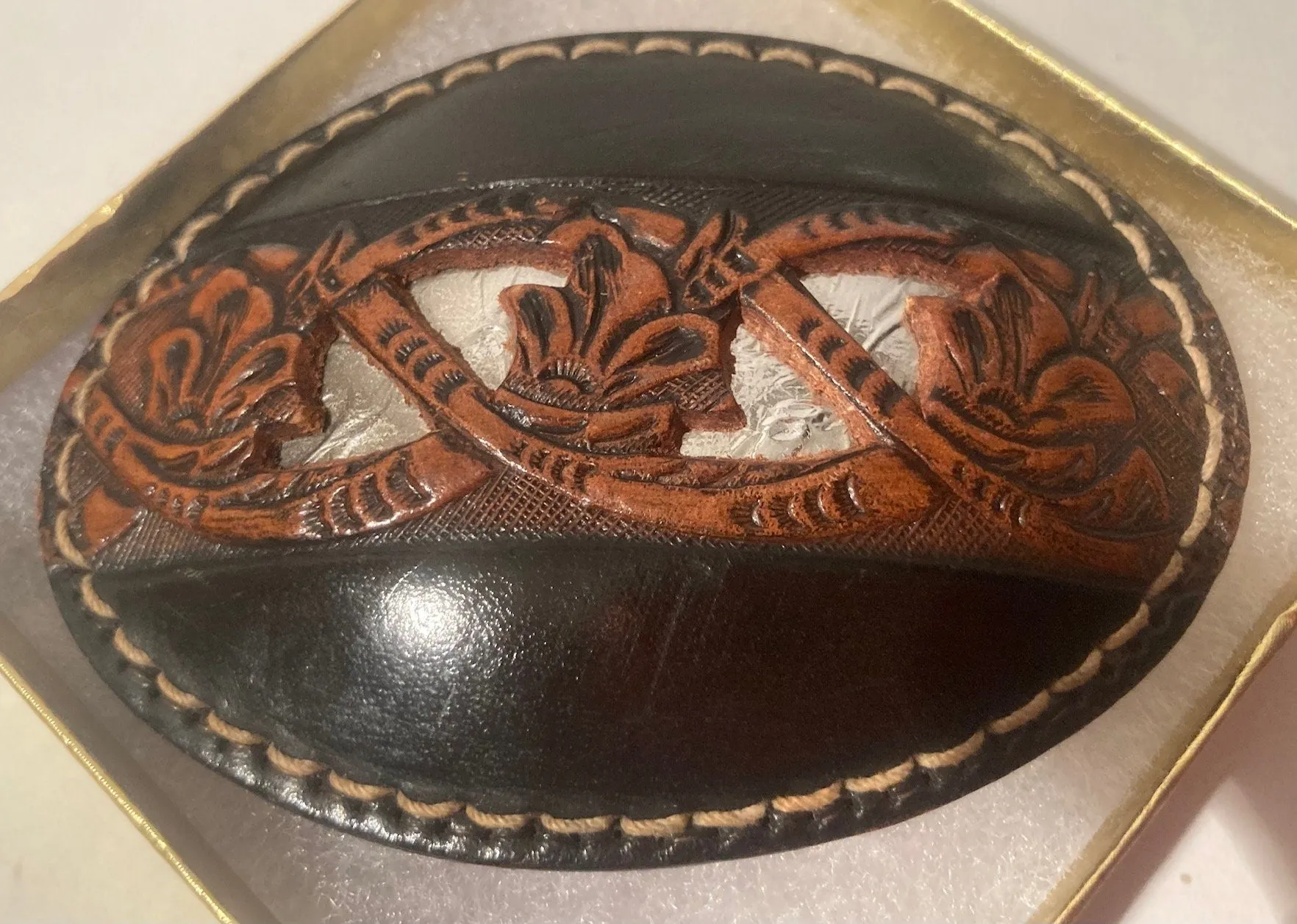 Vintage Metal Belt Buckle, Black and Brown Leather, Hand Tooled, Custom, Rose Design, Fun, Nice Design, Heavy Duty, Quality, Made in USA