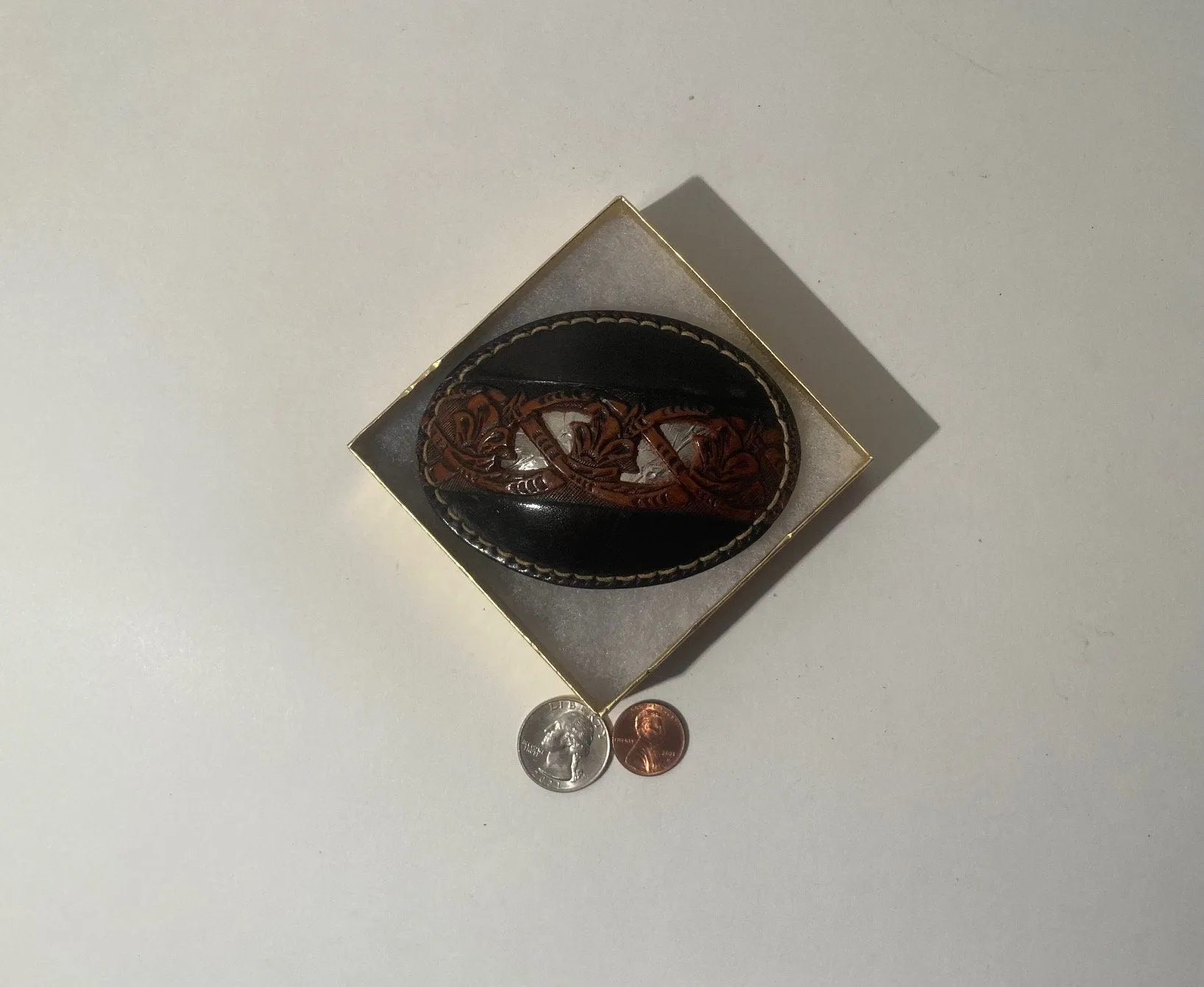Vintage Metal Belt Buckle, Black and Brown Leather, Hand Tooled, Custom, Rose Design, Fun, Nice Design, Heavy Duty, Quality, Made in USA