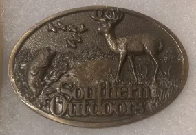 Vintage Metal Belt Buckle, Brass, Southern Outdoors, Magazine, Buck, Deer, Nice Western Design, 3" x 2", Heavy Duty, Quality, Thick Metal