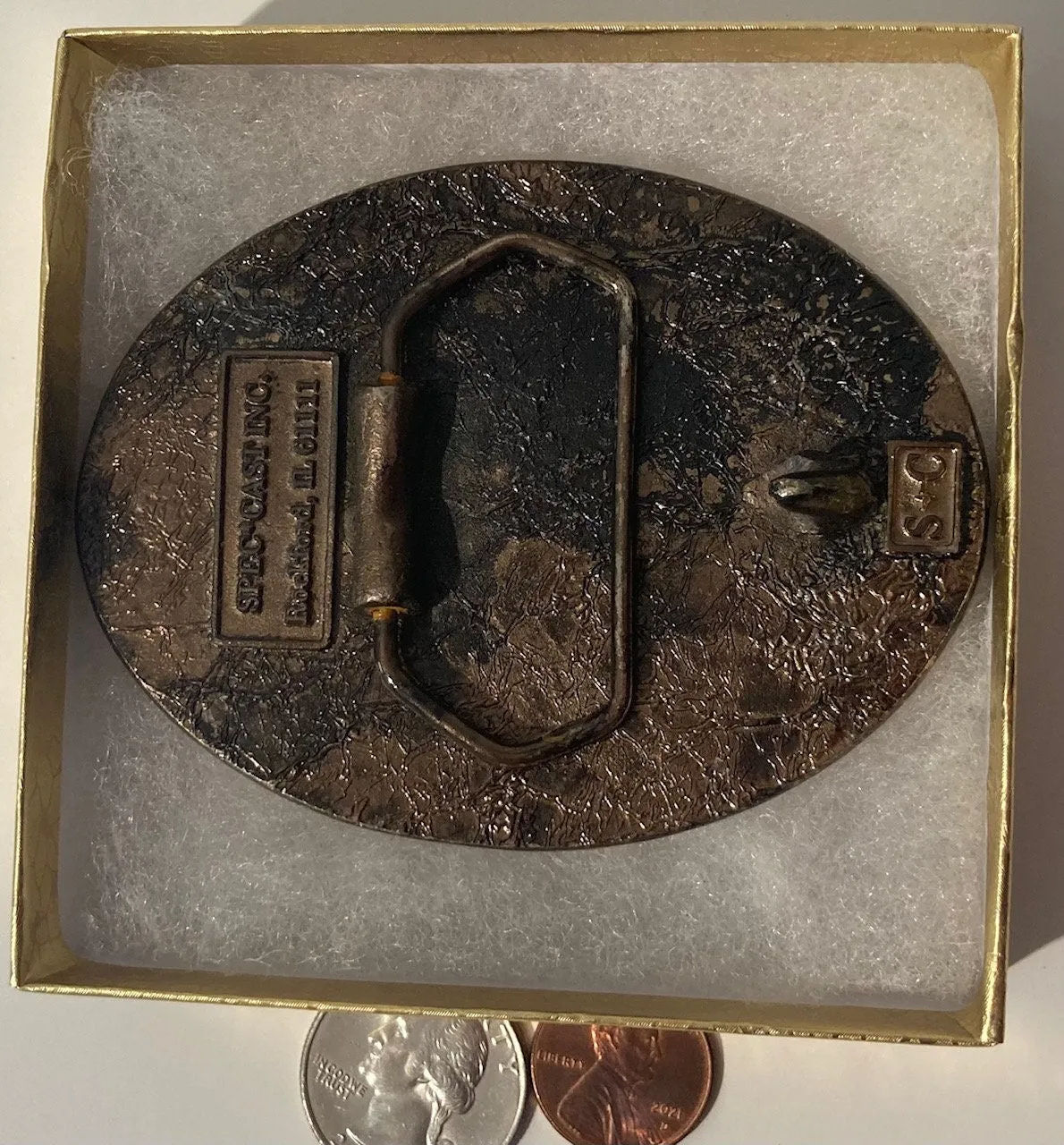Vintage Metal Belt Buckle, Cyanamid, 3 1/2" x 2 1/2", Heavy Duty, Quality, Thick Metal, Made in USA, For Belts, Fashion, Shelf Display