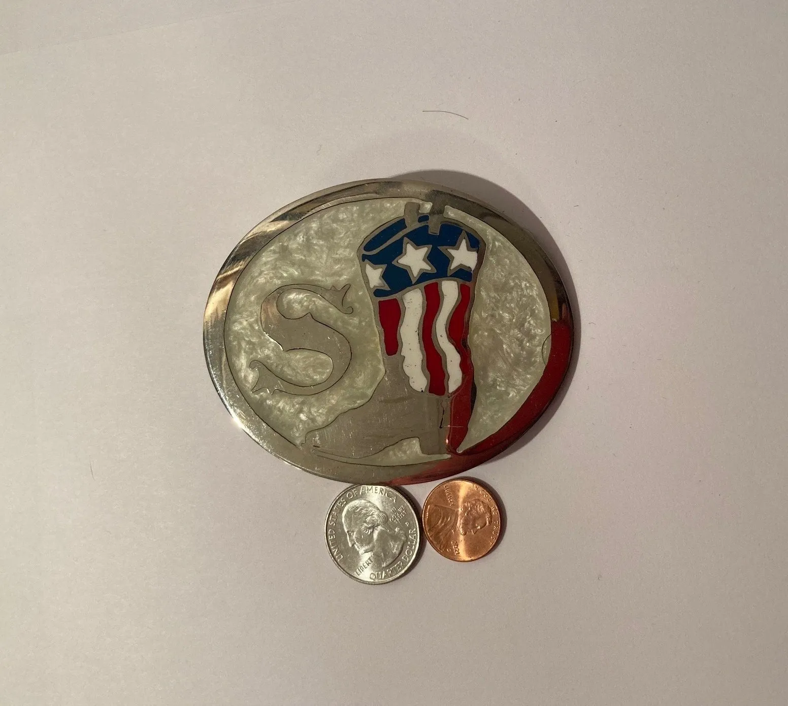 Vintage Metal Belt Buckle, Red White and Blue Cowboy Boot, Mother Of Pearl, S, Heavy Duty, Made in USA, Quality, Fashion, Belts
