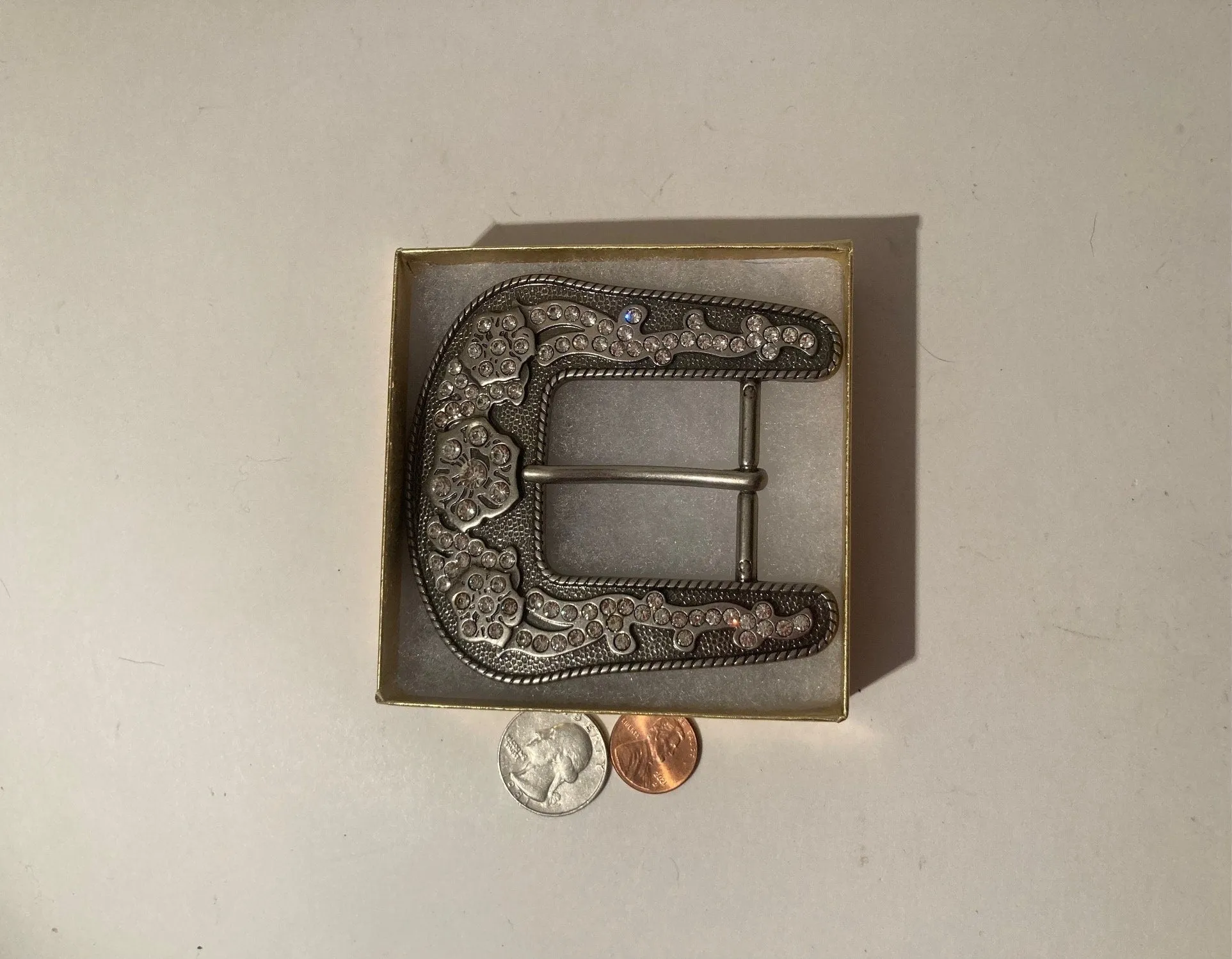 Vintage Metal Belt Buckle, Rhinestone, Crystals, Horse Style, Nice, 3 1/2" x 3", Heavy Duty, Quality, Thick Metal, Made in USA, For Belts