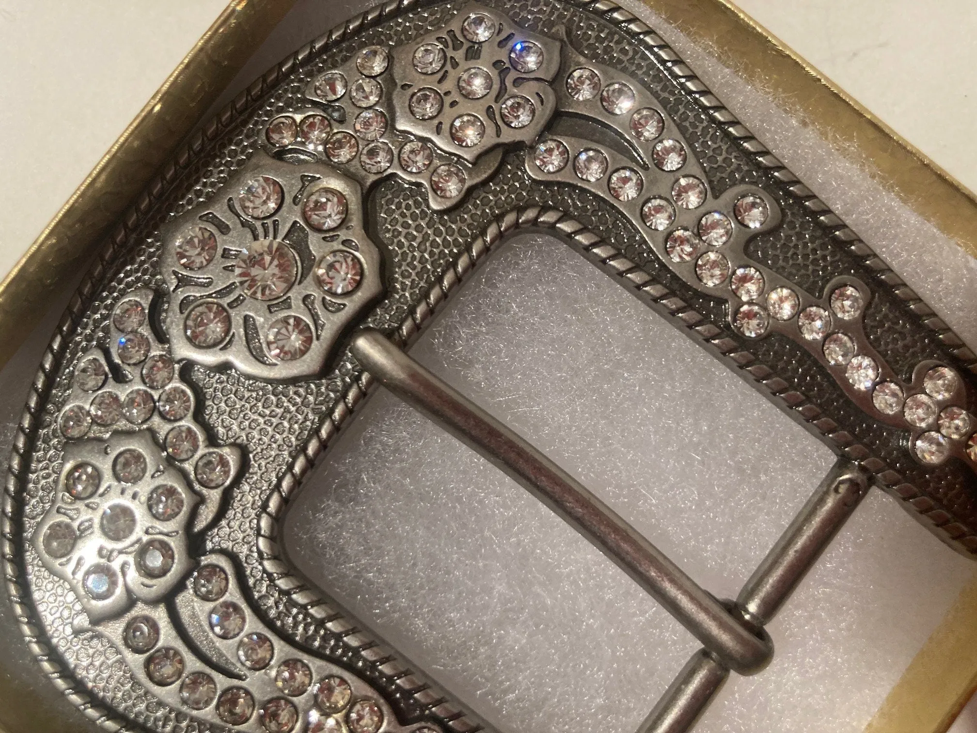 Vintage Metal Belt Buckle, Rhinestone, Crystals, Horse Style, Nice, 3 1/2" x 3", Heavy Duty, Quality, Thick Metal, Made in USA, For Belts