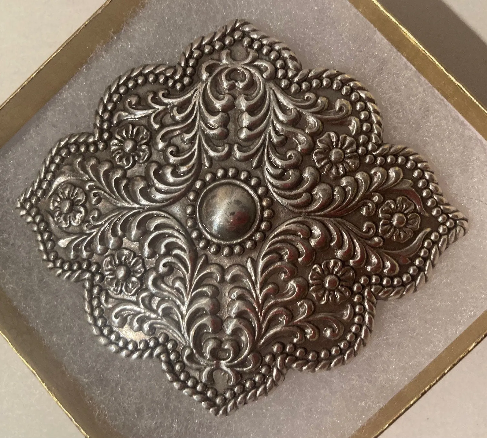 Vintage Metal Belt Buckle, Silver Tone, Nice Western Style Design, 3 3/4"" x 3", Heavy Duty, Quality, Thick Metal, Made in USA, For Belts