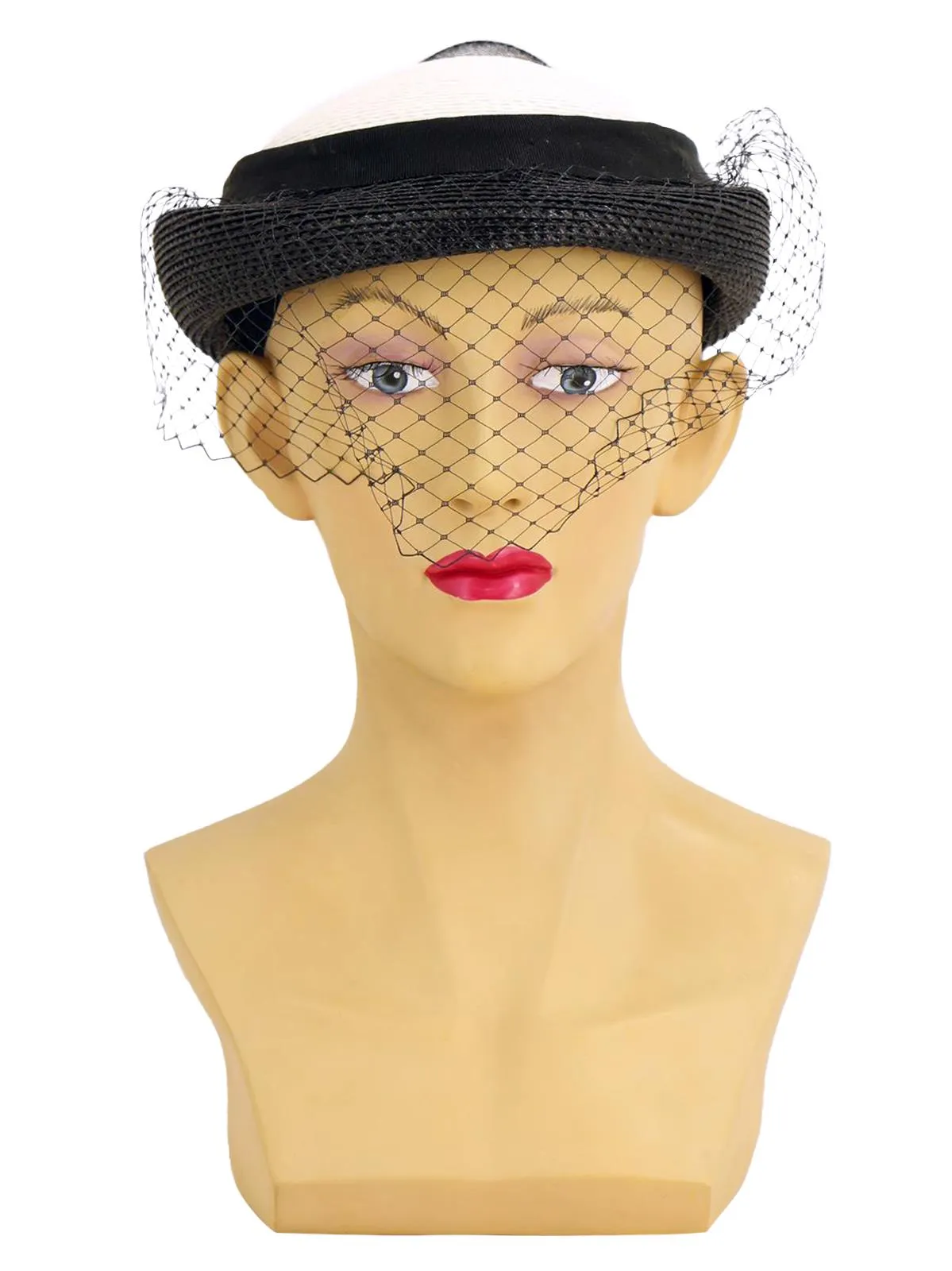 White & Black Straw Vintage Pillbox Hat