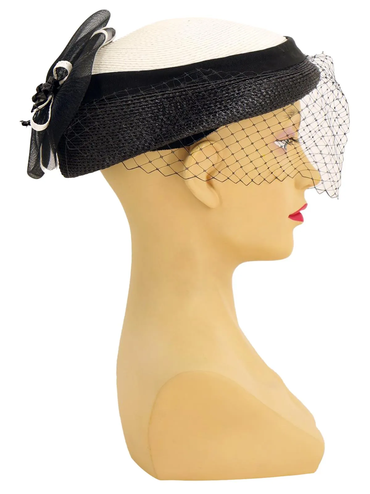White & Black Straw Vintage Pillbox Hat