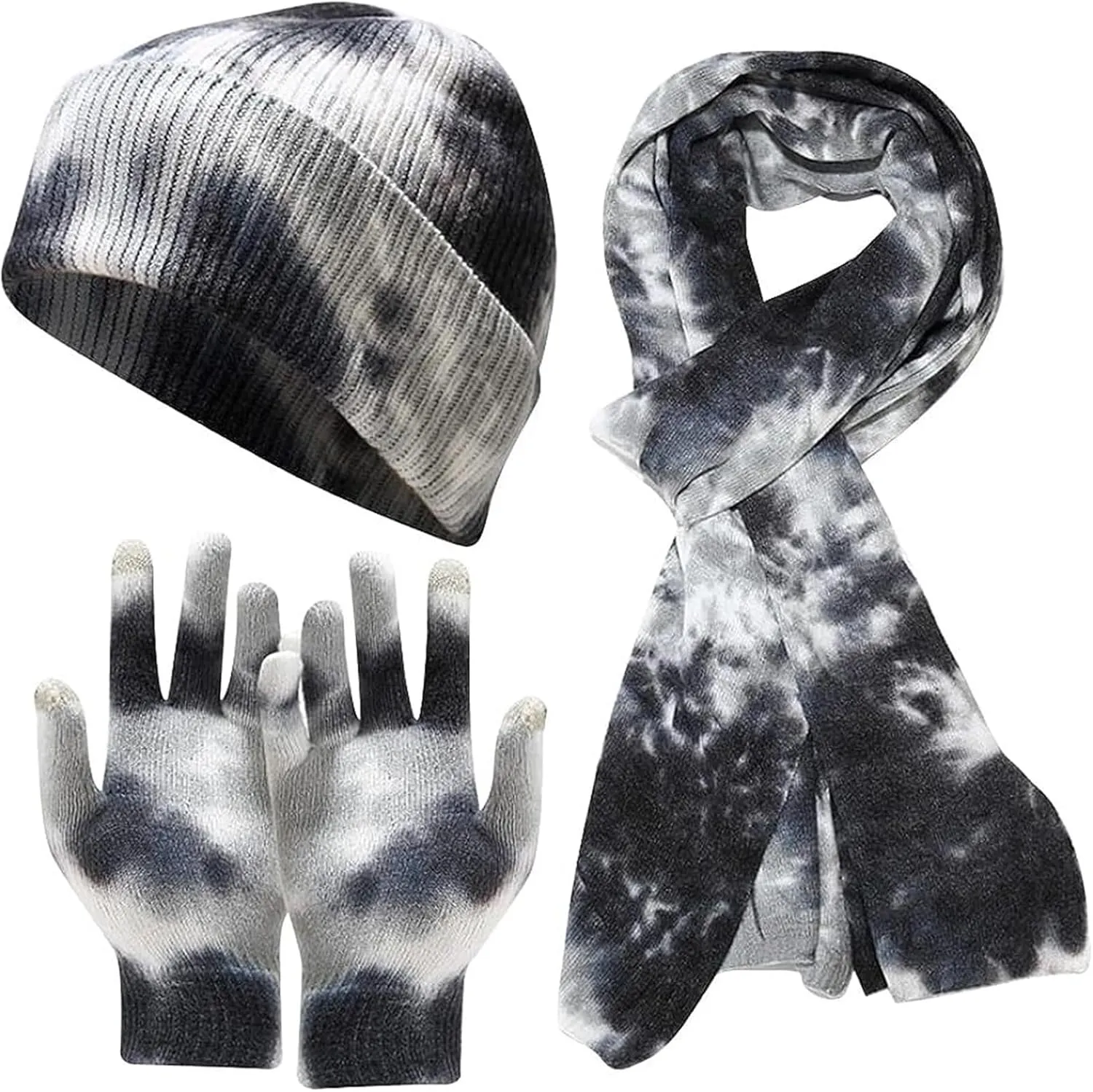 Winter Warm Knitted Hat Scarf Glove Set, Tie Dye Beanie Hat Touchscreen Gloves Long Scarf Set, Skull Caps Neck Scarves for Women Men (Color : Black, Size : One Size)