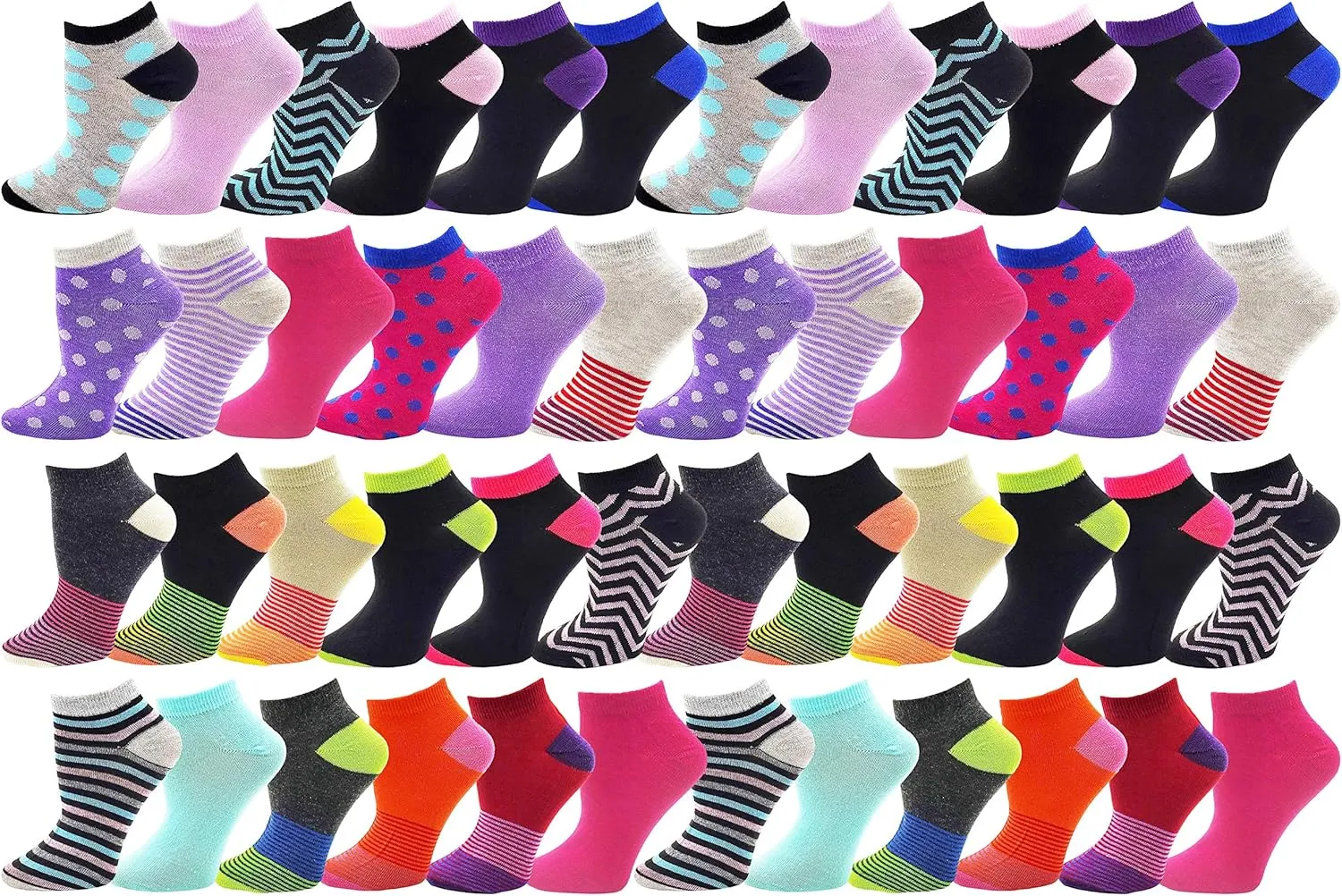 Winterlace 48 Pairs Ankle Socks for Women & Girls Fun Cute Low Cut No Show, Colorful Wholesale Bulk Pack