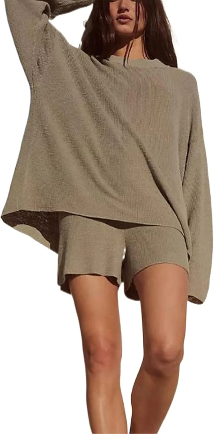 Women's Casual Two Piece Outfits Short Sets Knit Sweater Tops and High Waisted Pants Set Pajama Summer Lounge Set(Earthy Gray,S)