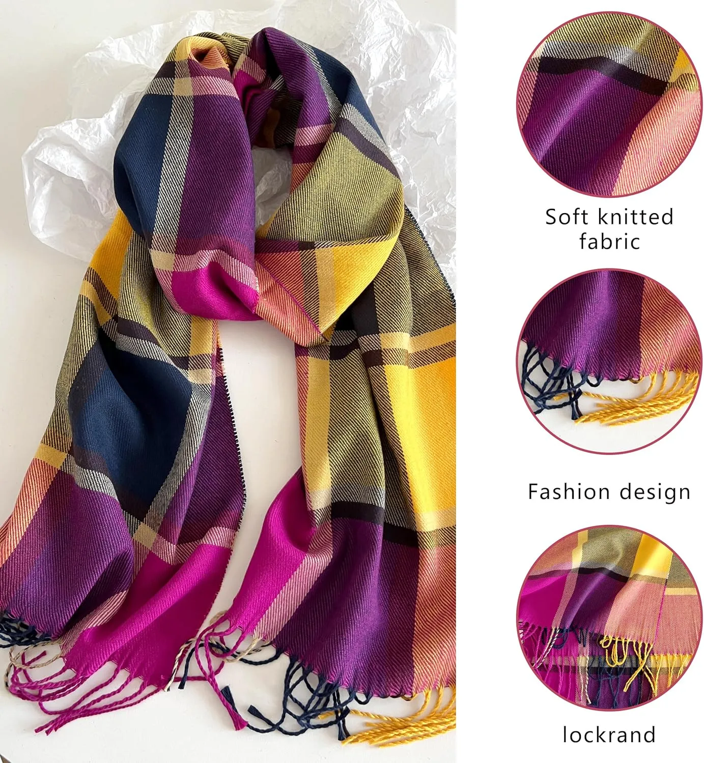 Women's Scarf Classic Tassel Plaid Super Soft Classic Cashmere Feel Fall Winter Scarves Tartan Warm Chunky Wrap Shawl