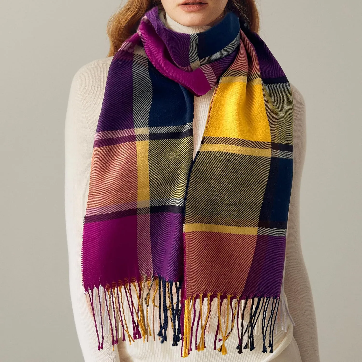 Women's Scarf Classic Tassel Plaid Super Soft Classic Cashmere Feel Fall Winter Scarves Tartan Warm Chunky Wrap Shawl
