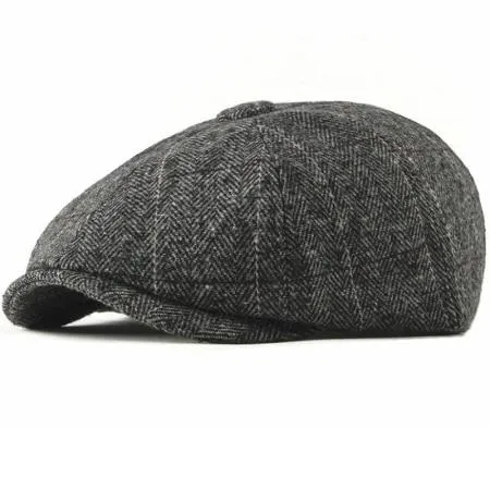 Woollen Plaid Herringbone Newsboy Cap